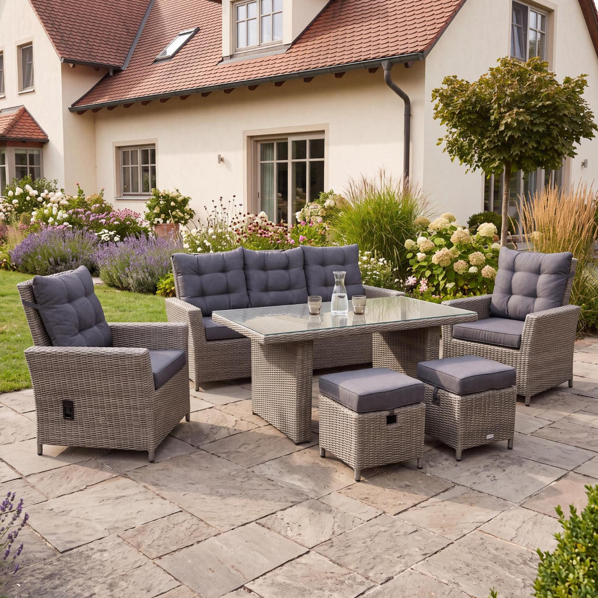 DININGLOUNGE-SET Asti Braun-Melierung, Polyrattan, 7 Personen - Braun, Naturmaterialien - bellavista - Home & Garden