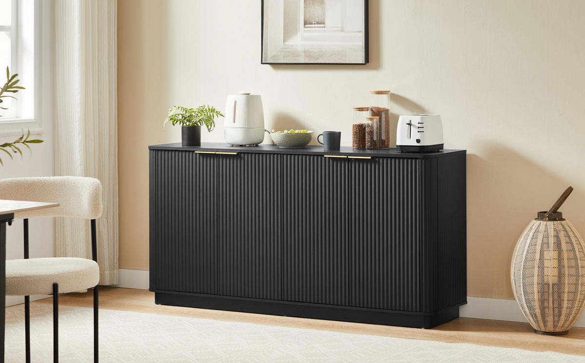 SIDEBOARD z MDF, 160/40/80 cm, černý, 4dveřový s úložným prostorem - černá, kompozitní dřevo (160/80/40cm) - BEAOK