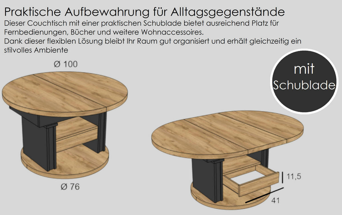 COUCHTISCH rund ausziehbar höhenverstellbar Schubalde 100/100/60 cm - Anthrazit/Beige, Holzwerkstoff (100/100/60cm) - designimpex
