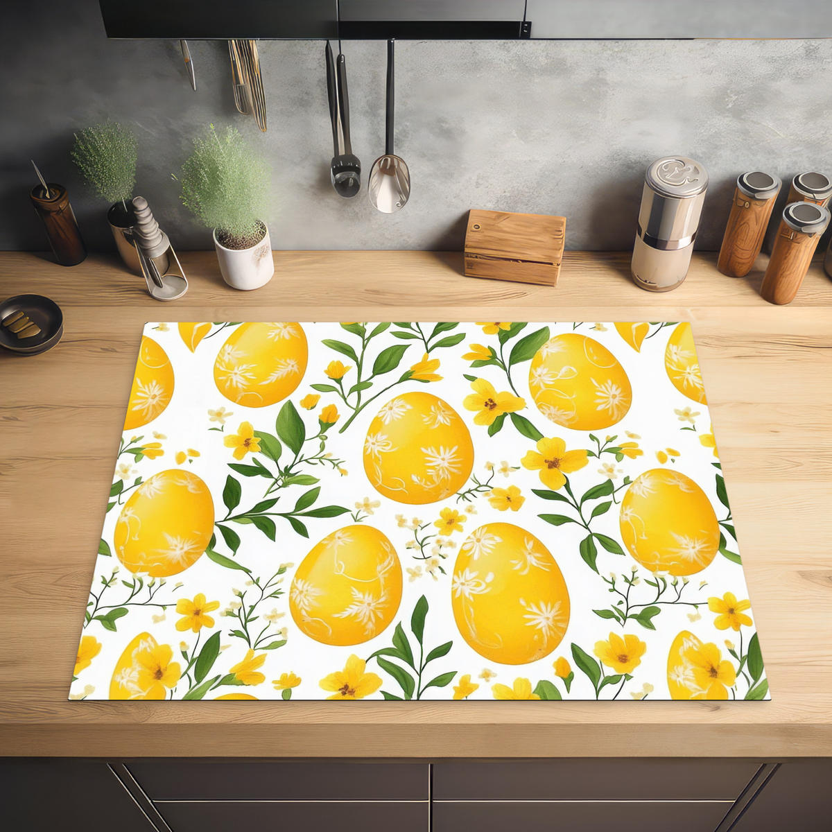 HERDABDECKPLATTE Blumen - Ostereier - Gelb Induktionsmatte 77x59 cm - Gelb, Kunststoff (77/59/0.2cm) - MuchoWow