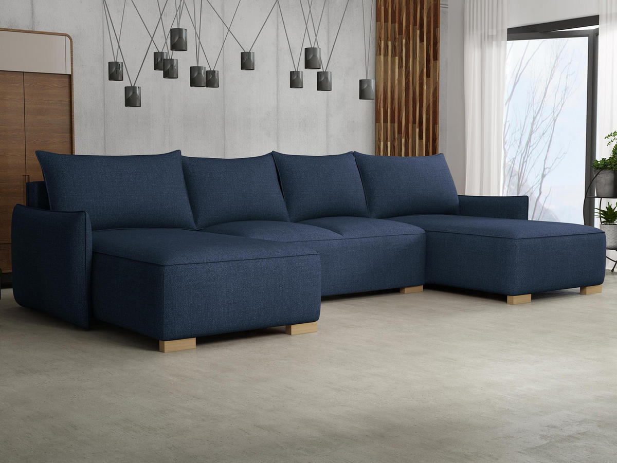 WOHNLANDSCHAFT Focus U - Blau/Naturfarben, Holz/Textil (328/87/155cm) - MIRJAN24