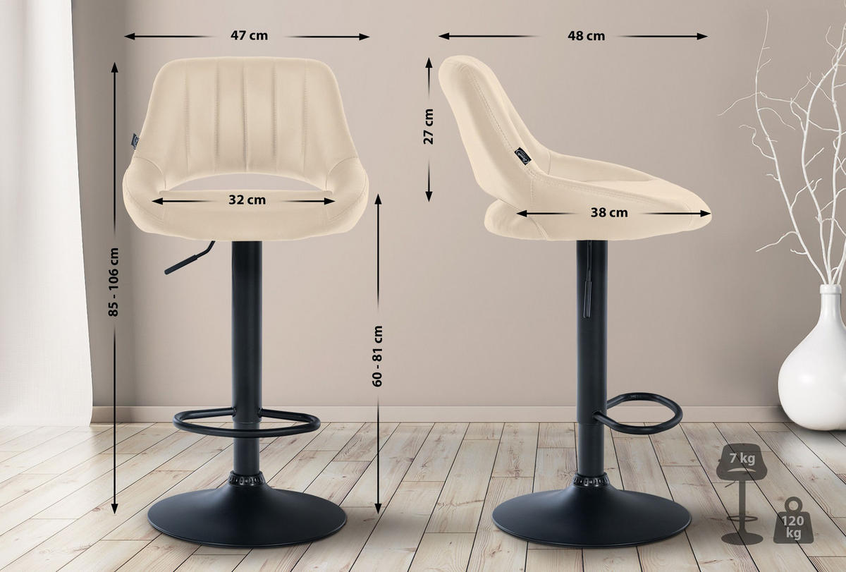 BARHOCKER 2er Set Milos Kunstleder B creme - Schwarz/Naturfarben, Kunststoff/Metall (47/106/48cm) - TPFLiving