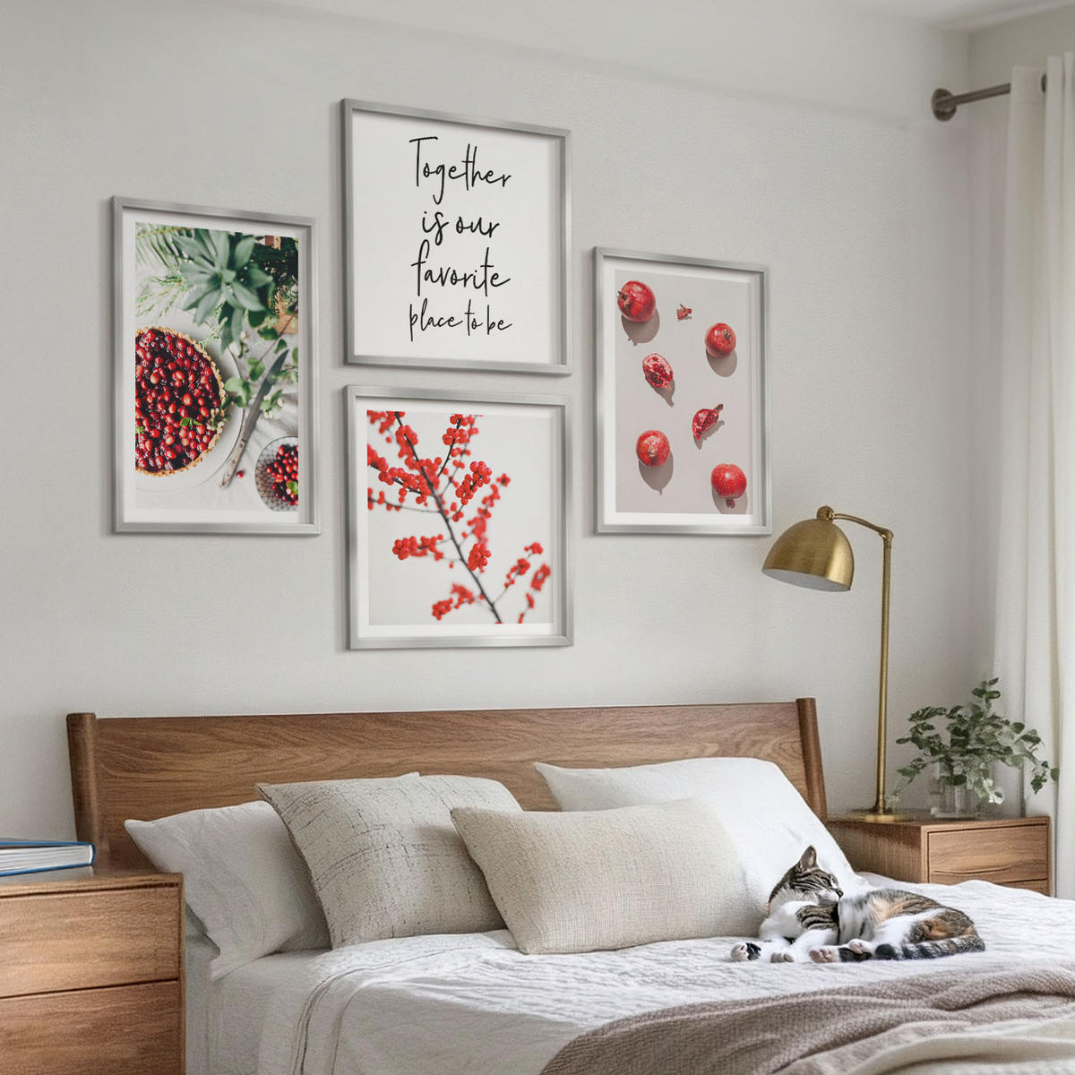 WANDBILDER 4er Set - 50x50 cm & 40x60 cm Silberner Rahmen - Minimalismus der roten Früchte von Pflanzen - Silberfarben, Kunststoff (50/50cm) - ArtPrintCave