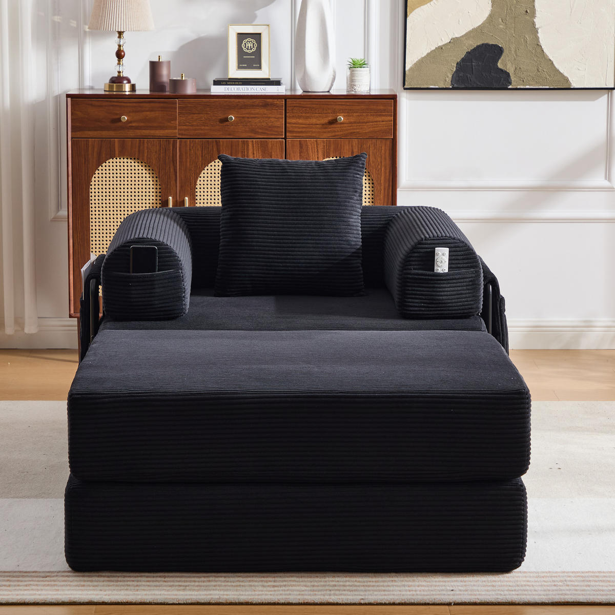 SOFA Cord Schwarz mit Kissen und Hocker - Schwarz, Textil/Metall (112/67/190cm) - WISHDOR