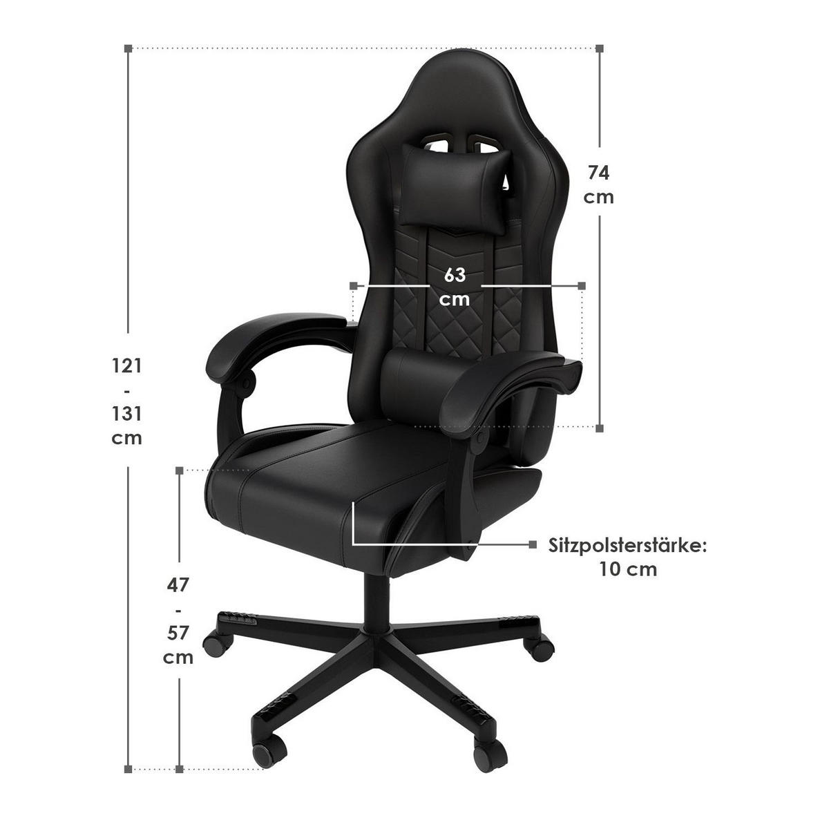 GAMINGSTUHL HyperSeat schwarz - Schwarz, Kunststoff (63/131/121cm) - Juskys