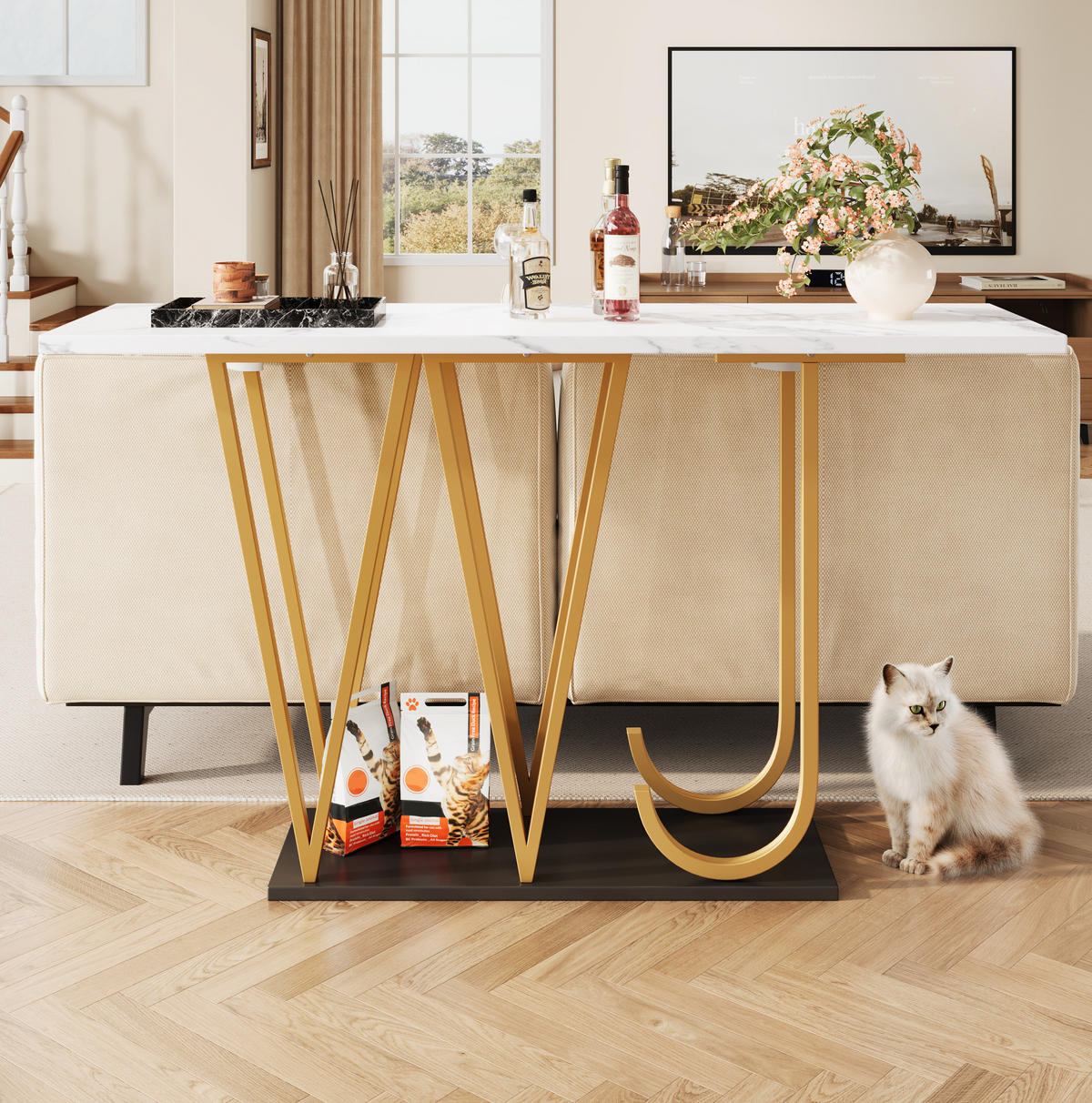 KONSOLENTISCH 120/29,5/80 cm Weiß Marmoroptik mit Stauraum aus MDF Metall - Weiß, Holzwerkstoff (120/29.5/80cm) - OKWISH