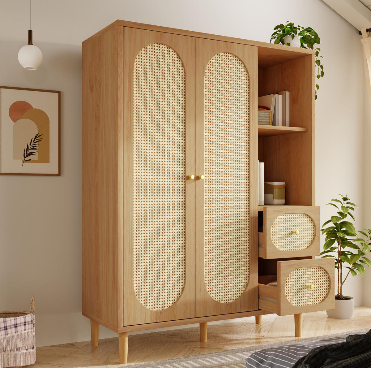 KLEIDERSCHRANK aus Holz 44x120x161 cm Eiche mit 2 Türen, 2 Schubladen, Kleiderstange und offenen Fächern im Landhausstil - Nussbaumfarben, Holzwerkstoff (120/161/44cm) - Modfu