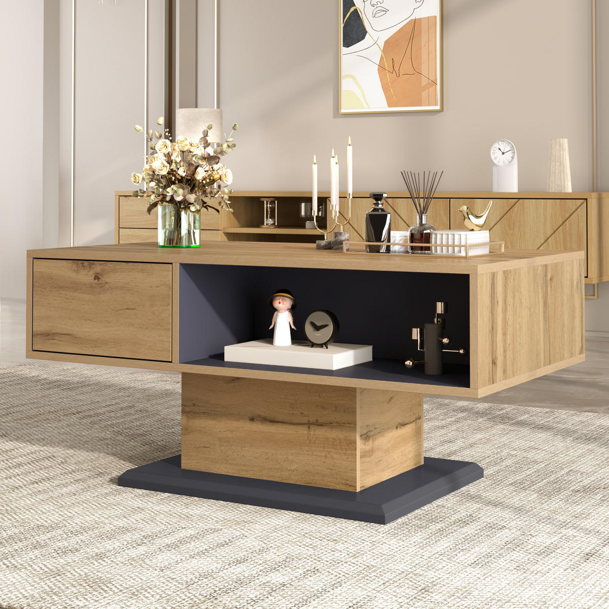COUCHTISCH in Naturfarben Wohnzimmertisch mit doppelseitigem Stauraum, großem Ablagefach und Innenfach ,B100/T50/H46.5cm - Naturfarben, Holzwerkstoff (50/100/46.5cm) - STILVORA