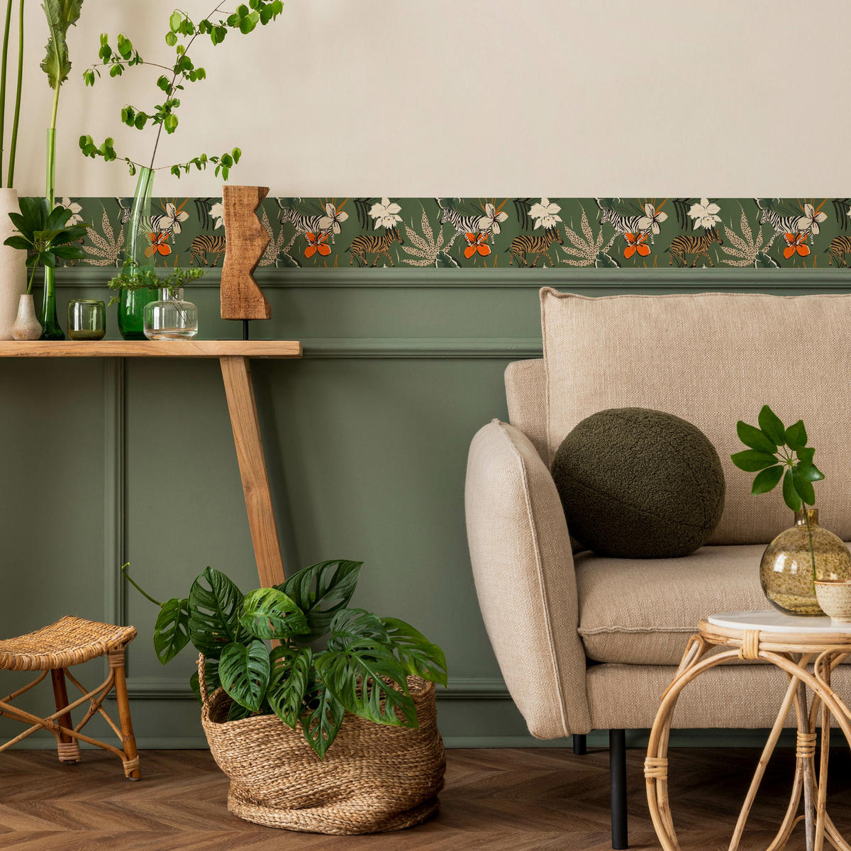 TAPETENBORDÜRE selbstklebend Zebras tropische BLUMEN Blätter - Beige/Schwarz, Papier (10/300/300cm) - Muralo