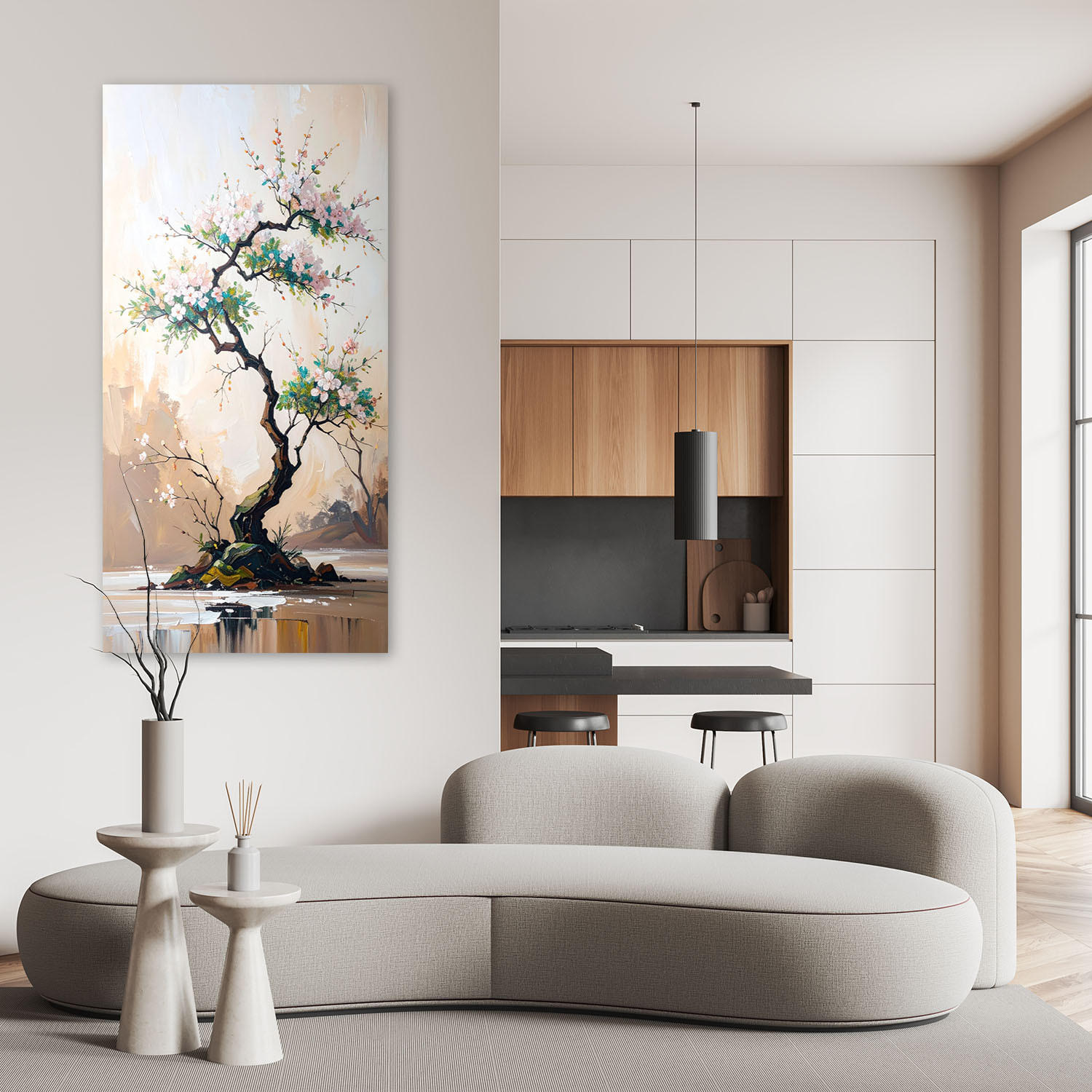 LEINWANDBILD Bonsai-Baum Weiße Blumen Zweige 60x120cm - Grau, Textil (60/120cm) - Feeby