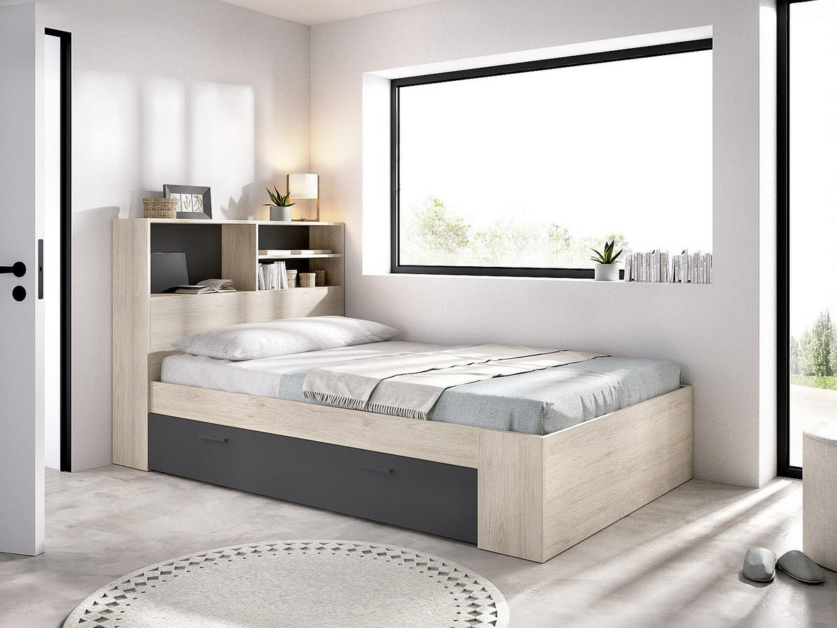 BETTRAHMEN - 1 Person - holz - anthrazitgrau, naturfarben hell Vardiel - Anthrazit/Naturfarben, Holz (120/190cm) - Vente-Unique