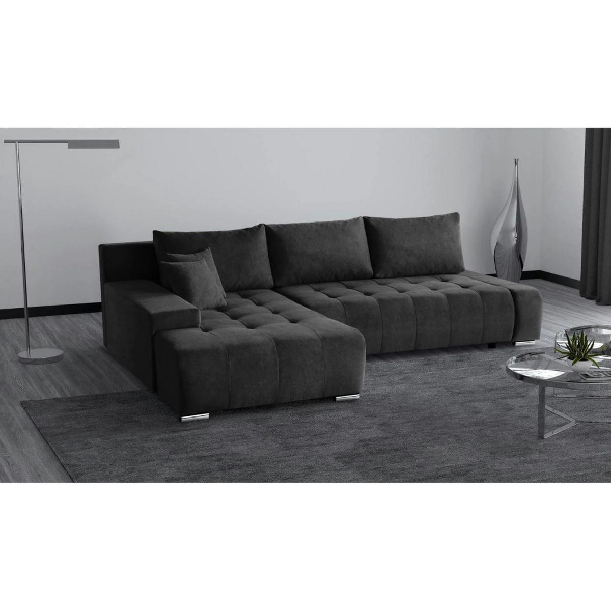 ECKSCHLAFSOFA Draco L Anthrazit - Anthrazit/Silberfarben, Textil/Metall (267/186cm) - Beautysofa