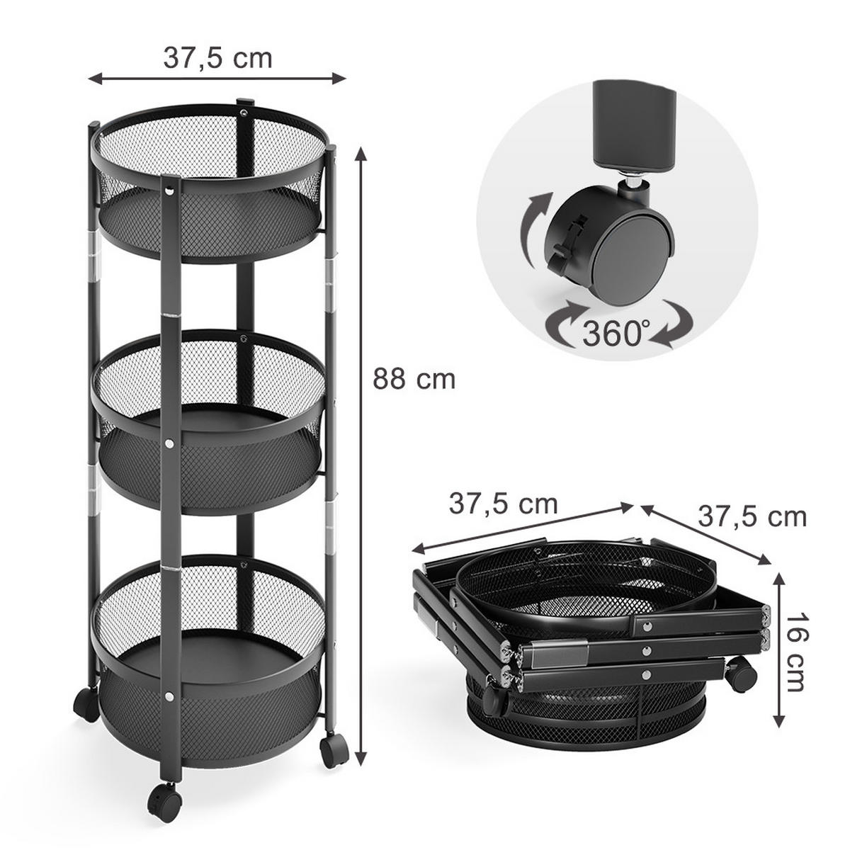 ROLLWAGEN Falto, Schwarz, 37.5 x 88 cm, mit 3 praktischen Körben - Schwarz, Metall (37.5/88/37.5cm) - Vicco