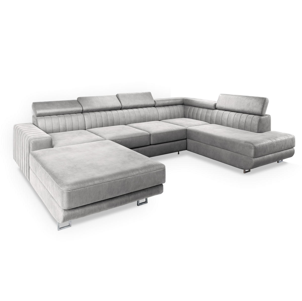 WOHNLANDSCHAFT SIENA R-S Hellgrau Velours-Stoff mit Schlaffunktion - Hellgrau, Holz (335/89/190cm) - MASSENO