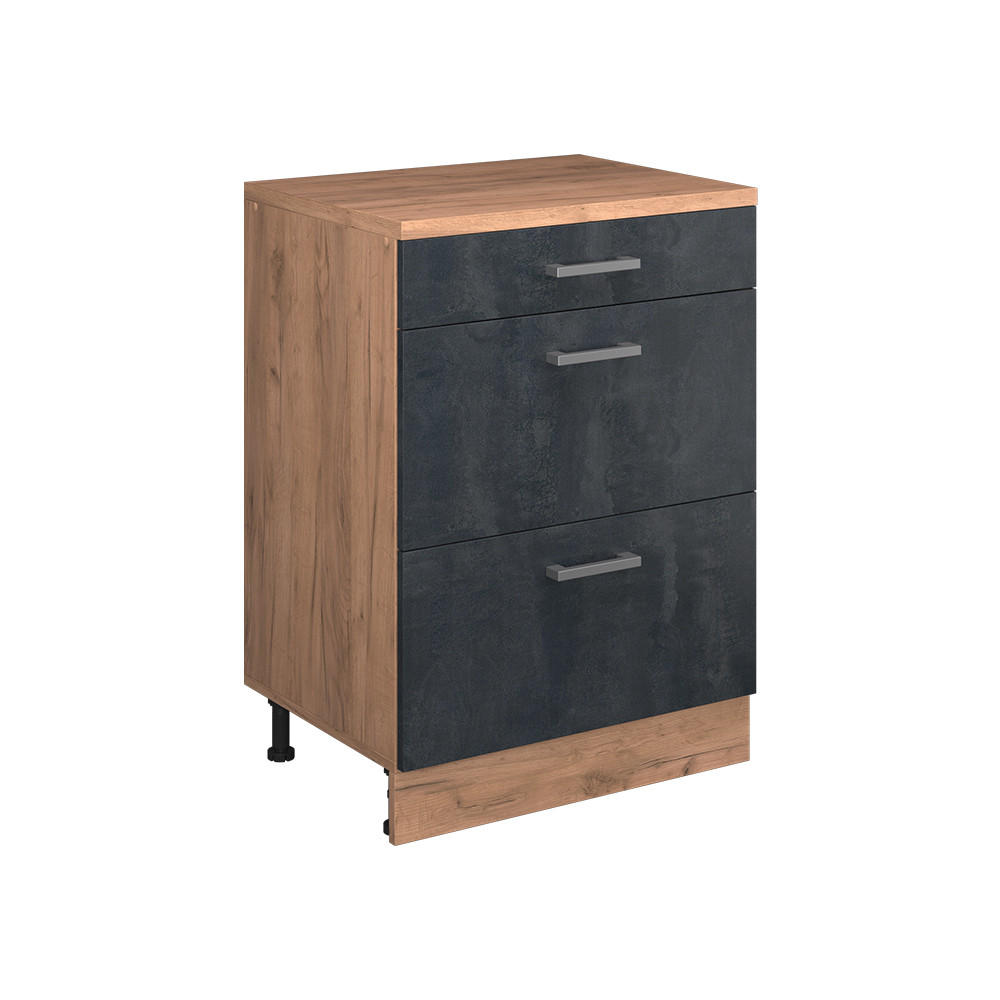 KUHINJSKA OMARA ZA POŠEVNE STREHE R-Line, Črni beton, 60 cm brez naklona z 3 predaloma - črna/medeni hrast, leseni material (60/83.8/46cm) - Vicco