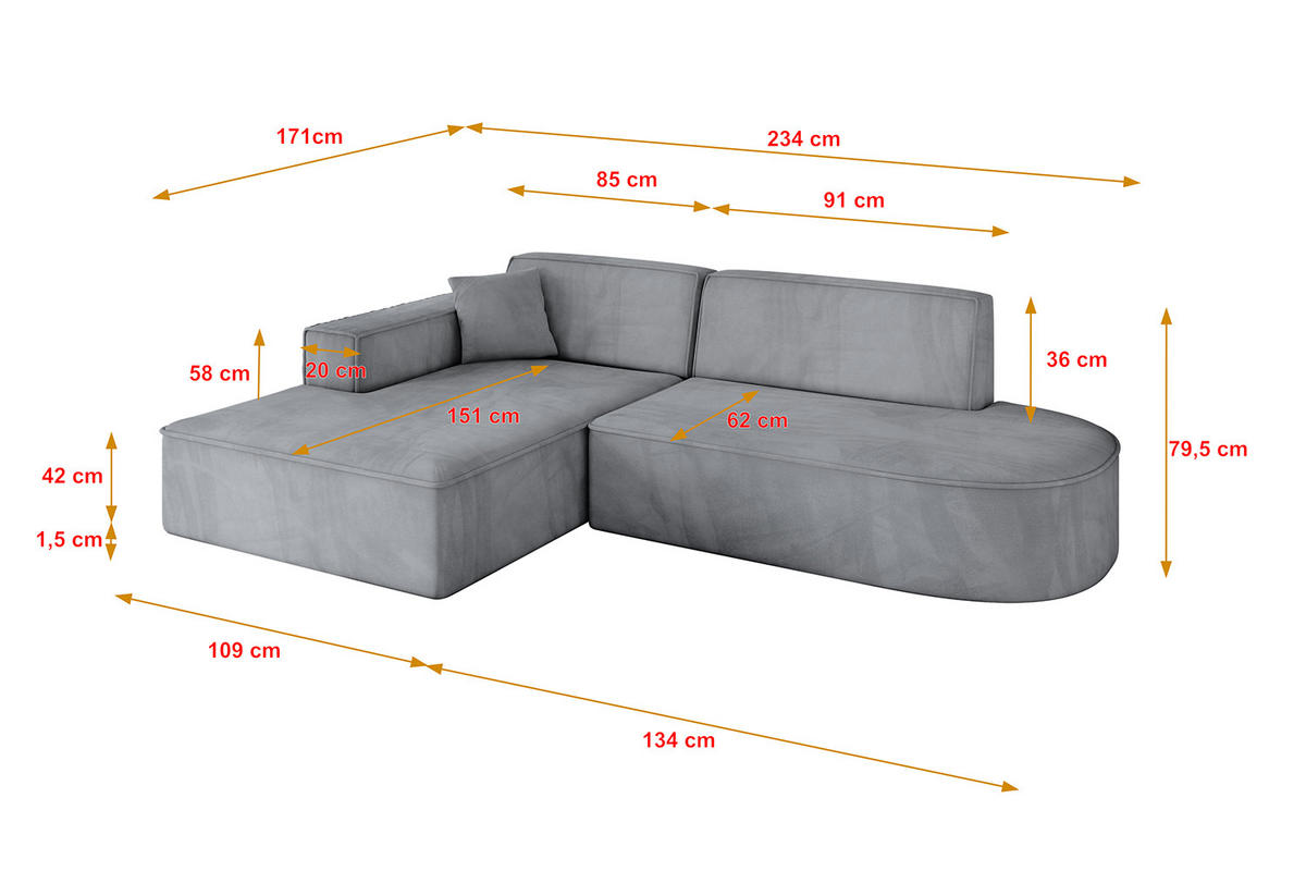 ECKSOFA Ottomane Links IREA-L1-v4 - 234x171x79 cm Grau - Titanfarben, Holzwerkstoff/Textil (234/171cm) - ALTDECOR