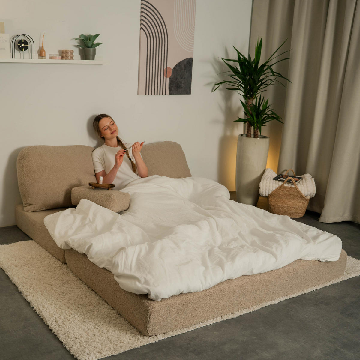 ROHOVÁ SEDAČKA LEA modulární Boneless pohovka s funkcí spaní, světle šedá QUELLE 83 - světle šedá, textil (270/160cm) - MASSENO