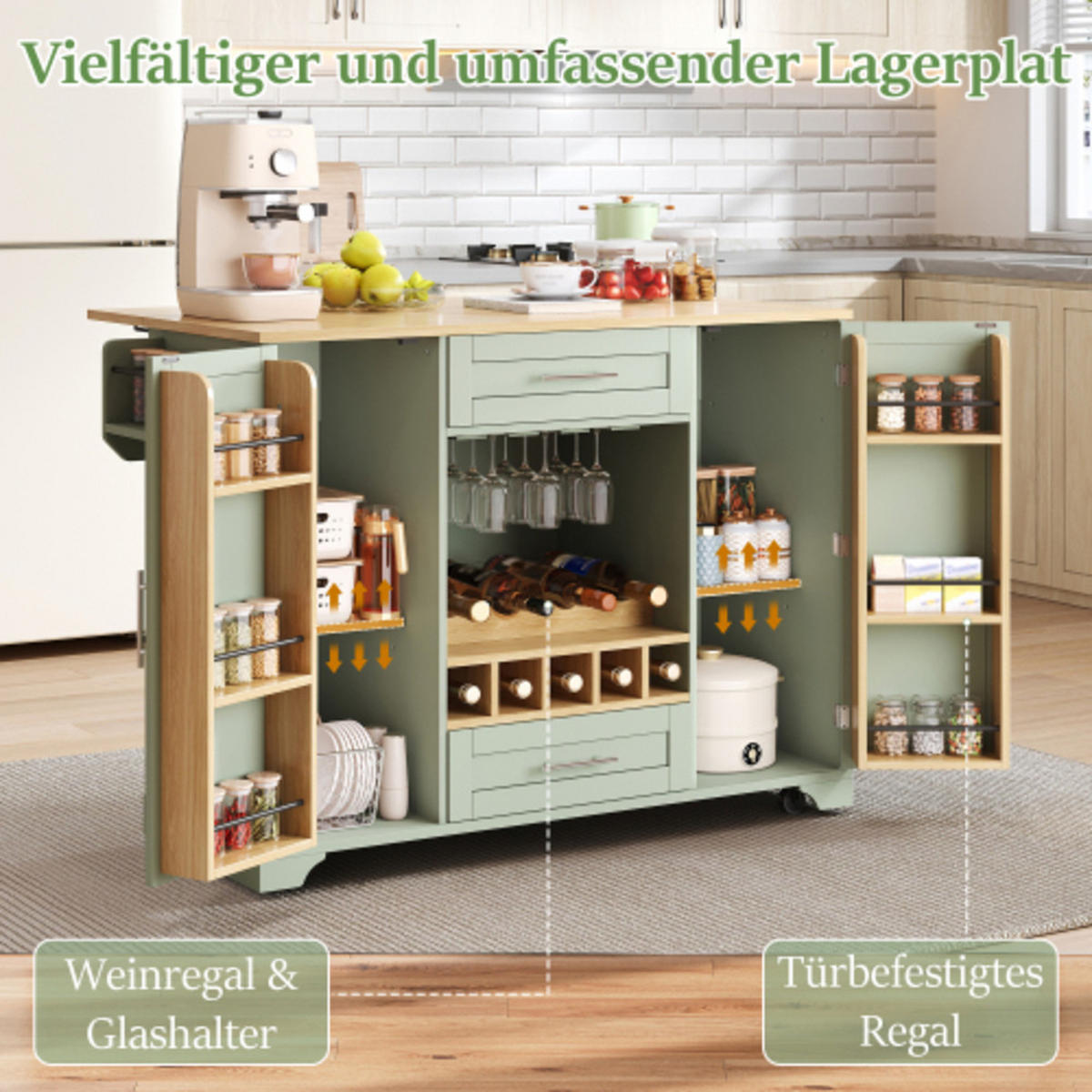 KÜCHENINSEL Antikgrün aus MDF mit ausziehbarer Arbeitsplatte 138 × 70 × 92 cm - Grün, Holzwerkstoff (138/92/70cm) - Luhomfu