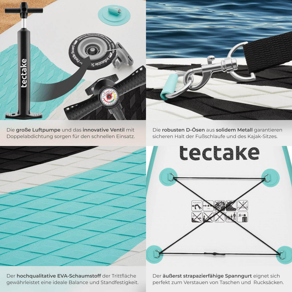 STAND UP PADDLE BOARD Zenon, Belastbarkeit 200 kg, inklusive Kajak-Sitz, weiß/türkis - Weiß, Kunststoff (320/84/0.4cm) - tectake