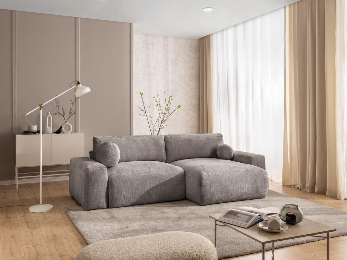 ECKSOFA Puffy mit Schlaffunktion und Bettkasten - besonders weich und puffig aus Taupe Chenille-Stoff - Ottomane rechts - Taupe/Schwarz, Holz/Kunststoff (266/138cm) - S-Style Möbel