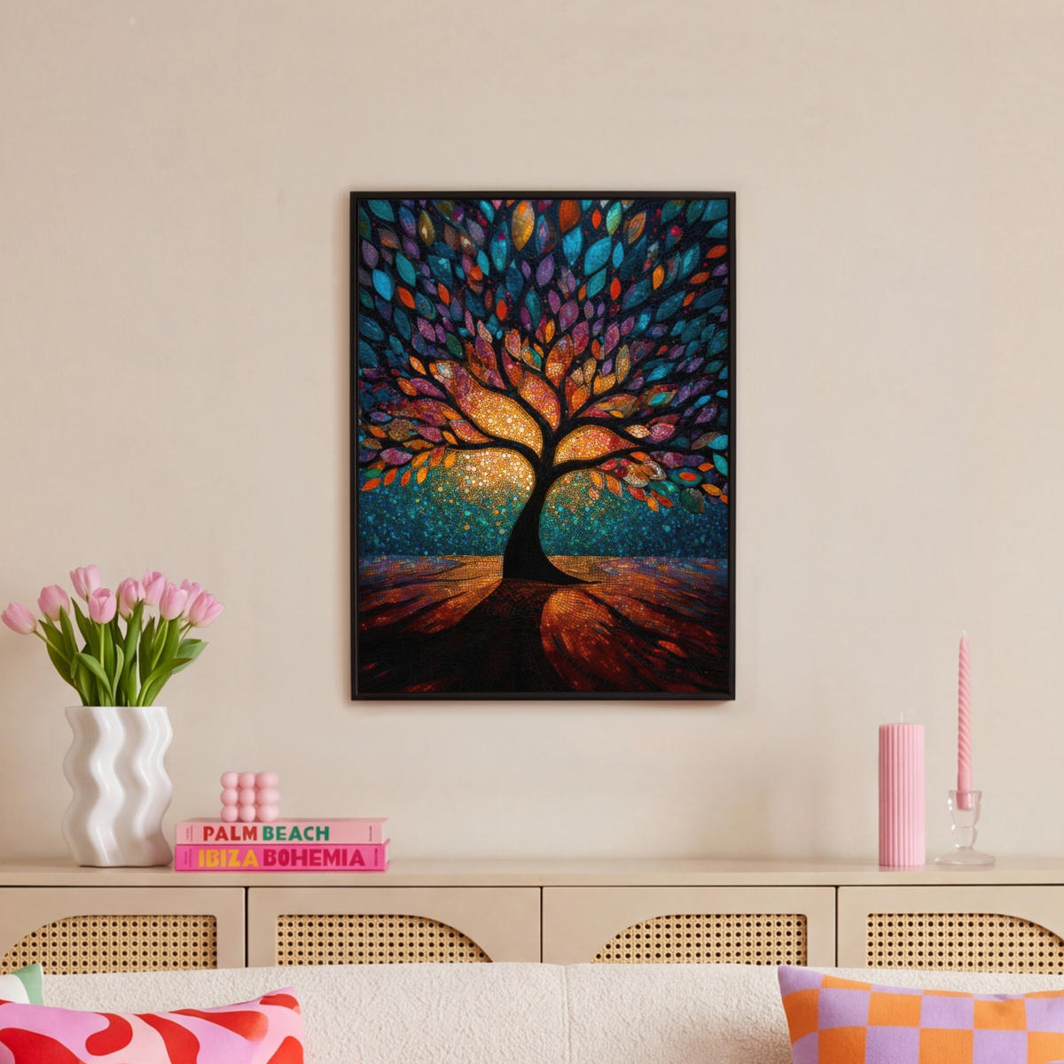 LEINWAND Bilder mit Rahmen - Mosaik - Bunt - Baum - Äste - 50x70 - Multicolor, Textil (50/70cm) - MuchoWow