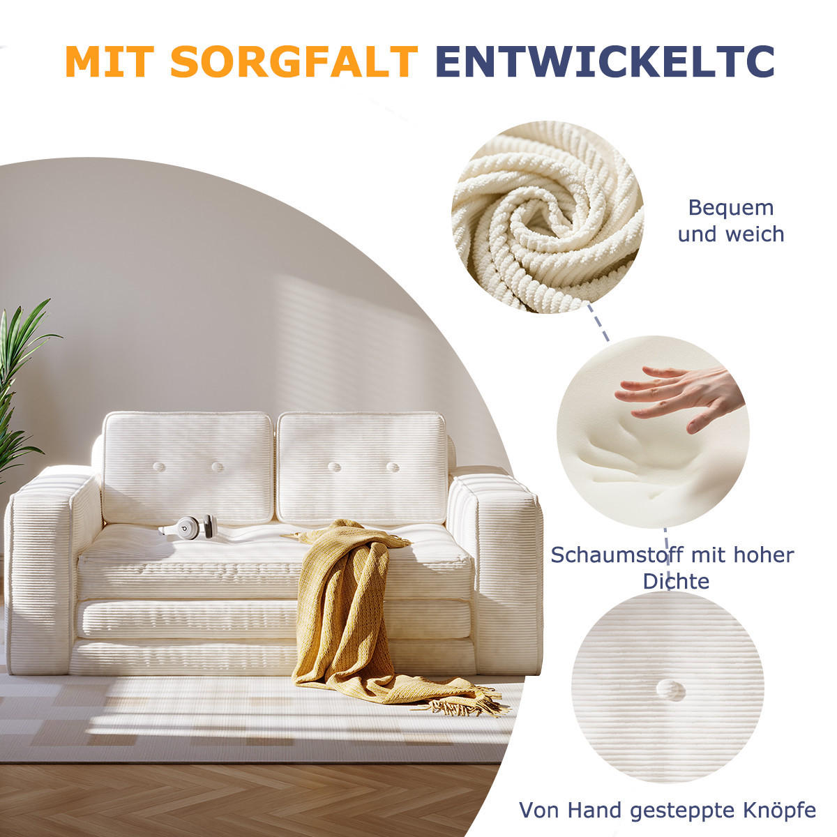 SOFA 2-Sitzer, 143 CM, mit 2 Kissen und Armlehnen,für Wohnzimmer, Schlafzimmer,aus Cord,Beige - Beige, Textil (92/42/143cm)