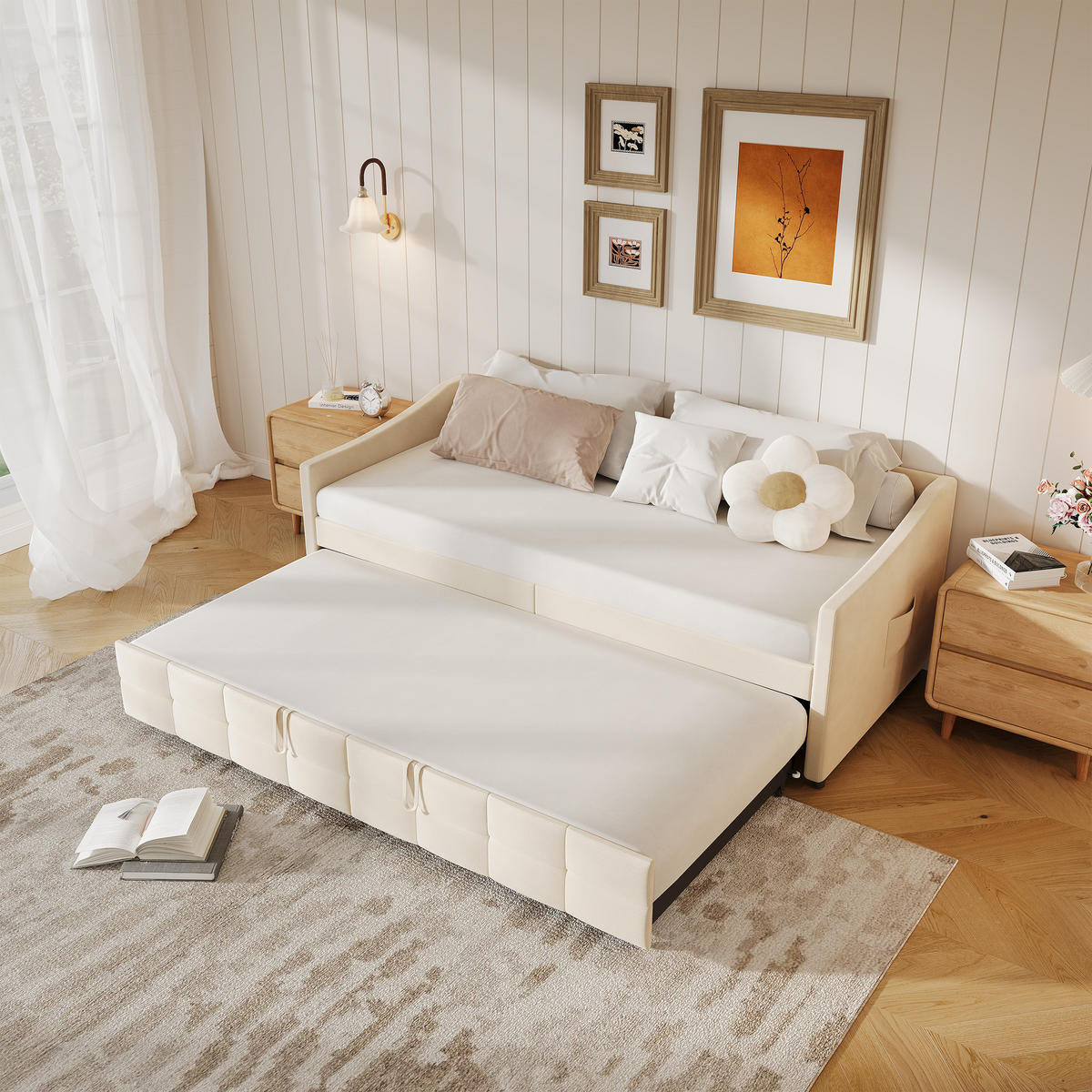 POLSTERBETT 90/200 cm Beige mit Ausziehbett - Beige, Metall (90/200cm) - EuroLiving