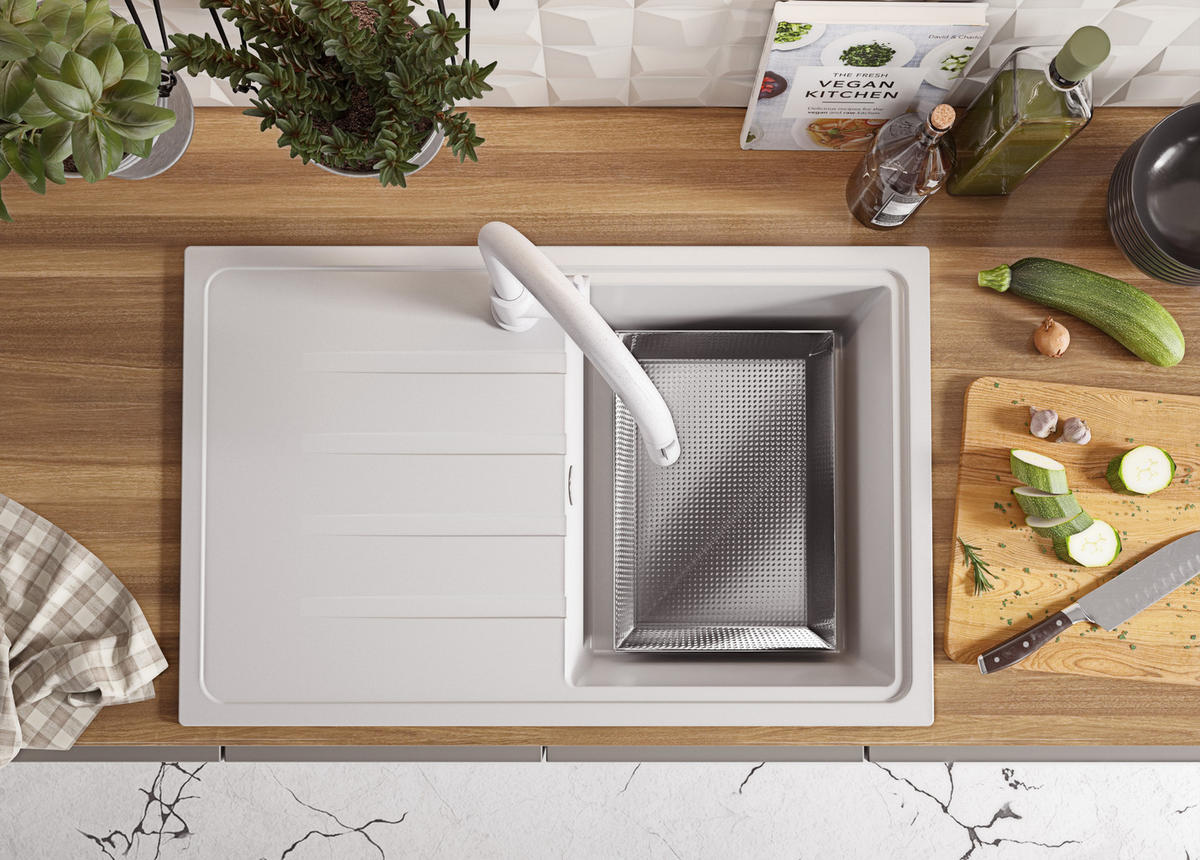 SPÜLBECKEN Mailand, 2-er set Weiß 78/50 cm 1 Becken + Ablauf-Set ab 45er Unterschrank - Chromfarben/Weiß, Kunststoff (78/19/50cm) - Primagran