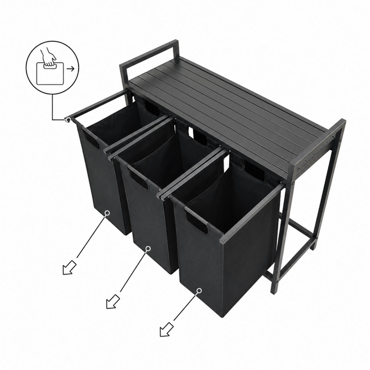WÄSCHEKORB Metall Stoff MDF Schwarz 3 Wäschesäcke 114l 92,5x33x71 cm - Schwarz, Holzwerkstoff/Textil (92.5/71/33cm) - Begryf
