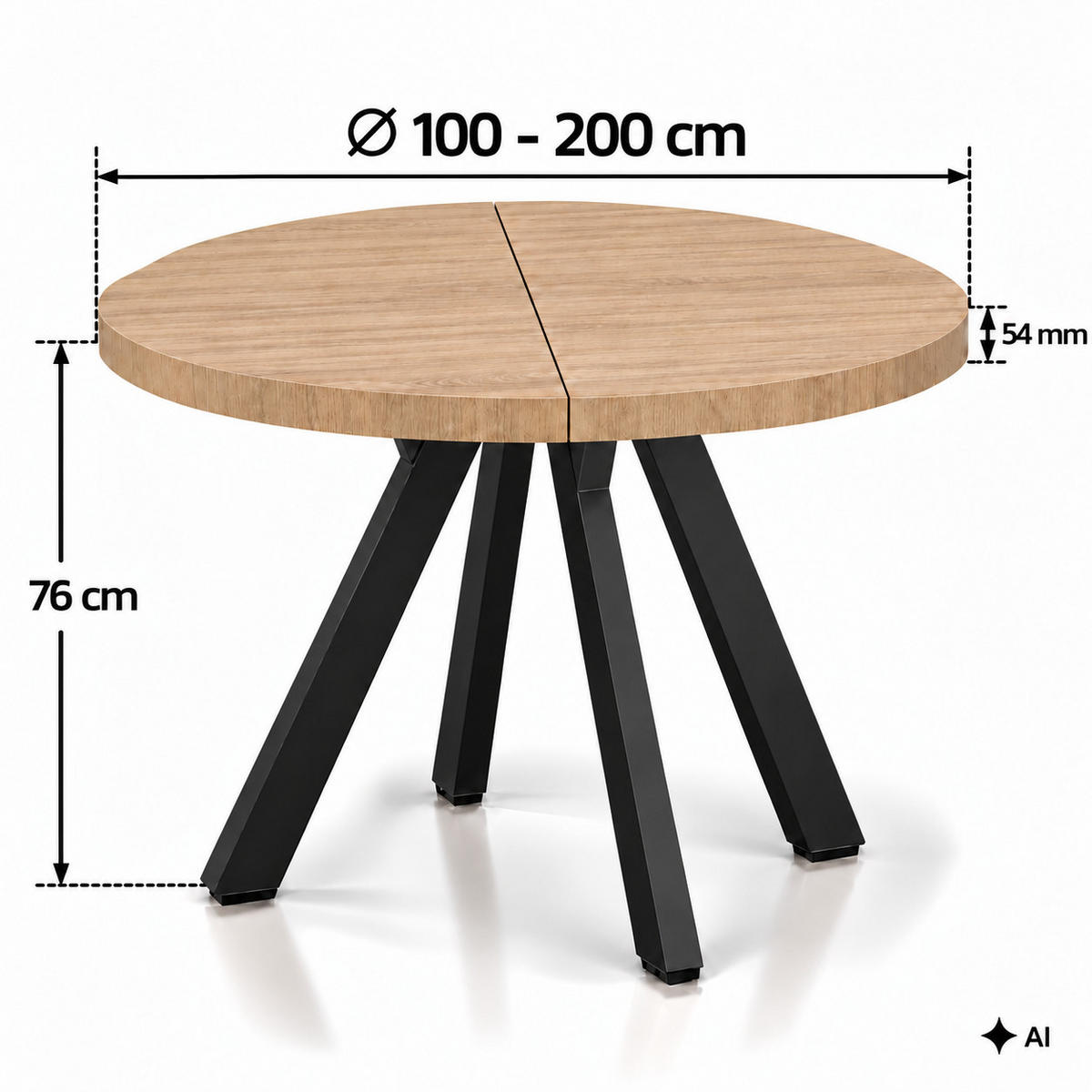 ESSTISCH rund ausziehbar 100/200/76 cm, Eiche Hikora Egger, 54 cm Tischplatte + Y Metallgestell Schwarz - Hellbraun/Eichefarben, Holzwerkstoff/Metall (100/200/76cm) - Damale Möbel