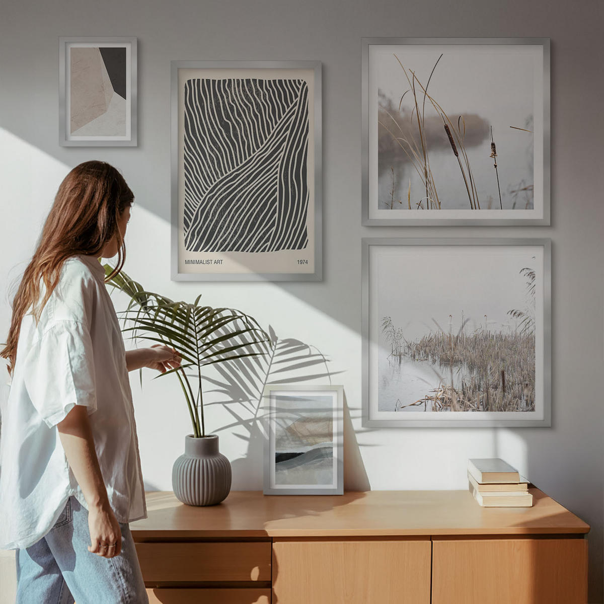 WANDBILDER 5er Set - 50x50 cm & 20x30 cm & 40x60 cm Silberner Rahmen - Abstrakte Boho-Dekorationsmuster - Silberfarben, Kunststoff (40/60cm) - ArtPrintCave