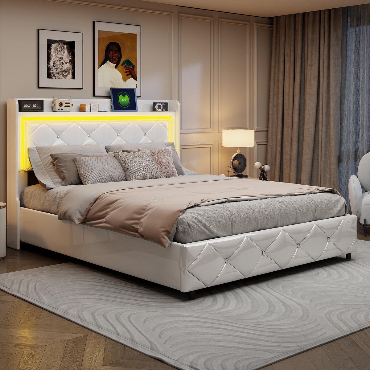 POLSTERBETT 140x200 cm, Weiß, LED-Beleuchtung und USB - Weiß, Textil/Metall (140/200cm)