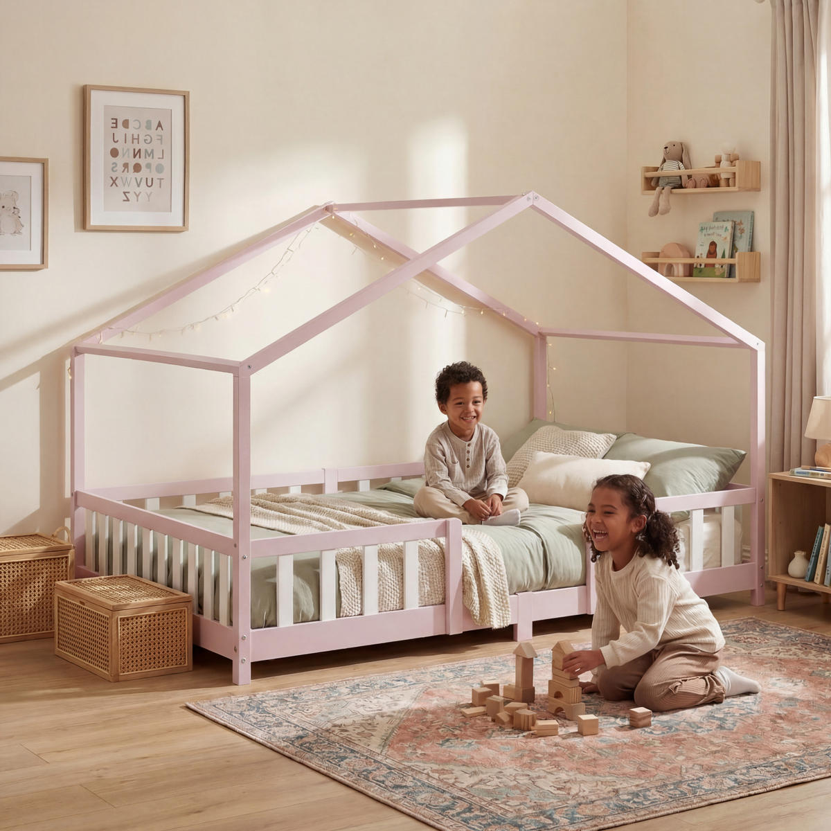 HAUSBETT Treviolo mit Matratze - Pink/Weiß, Holz/Textil (120/200cm) - [en.casa]