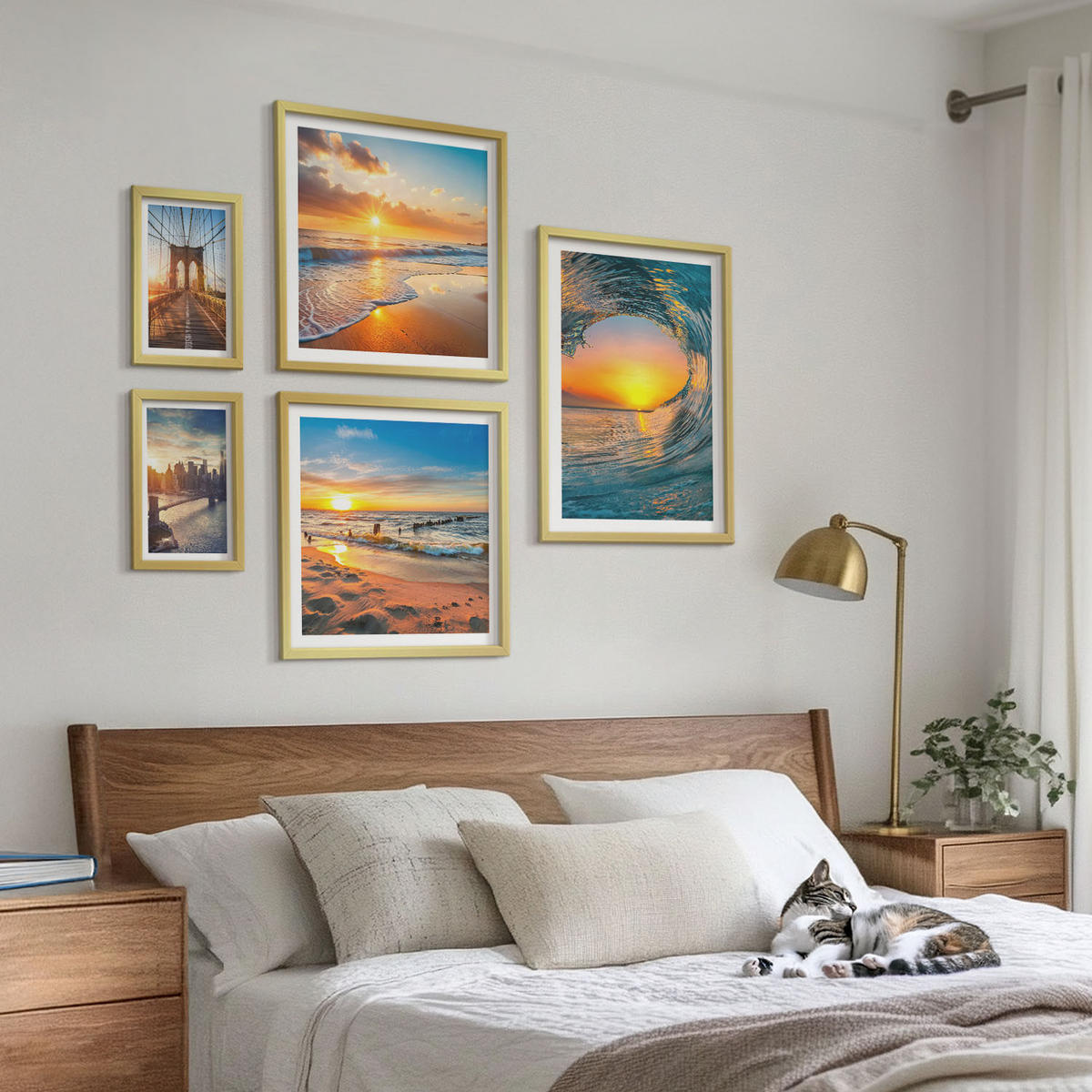 BILDER SET 5er Set - 50x50 cm & 20x30 cm & 40x60 cm Goldrahmen - Brücken, Sonnenuntergänge, Stadt - Goldfarben, Kunststoff (40/60cm) - TULUP