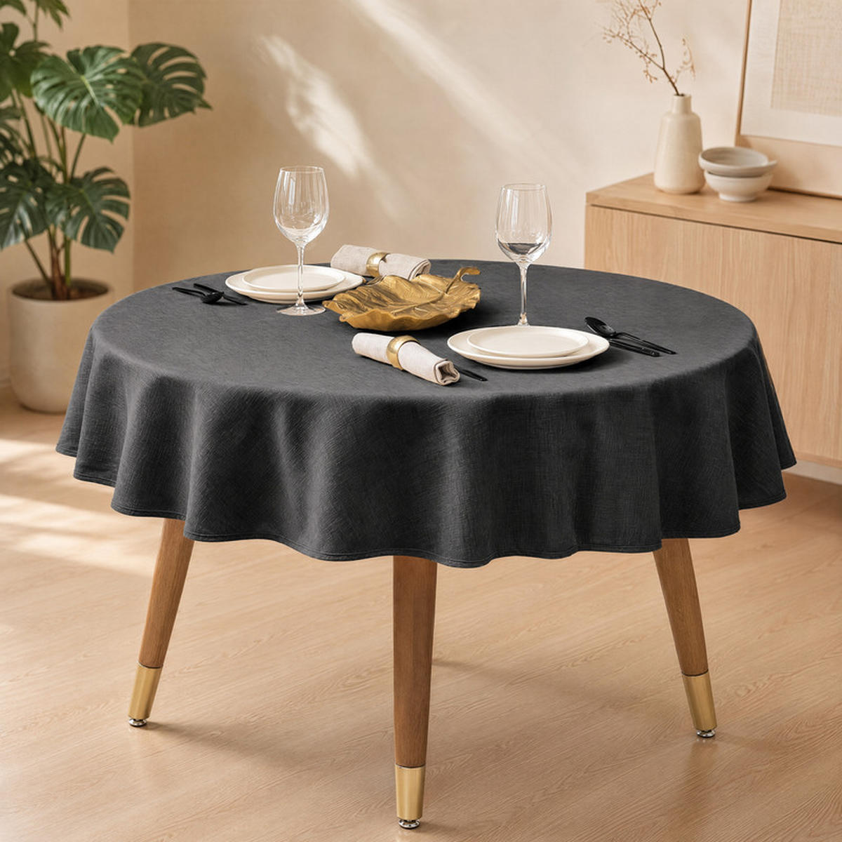 TISCHDECKE rund Ø140 cm Dunkelgrau Leinenoptik wasserabweisend - Dunkelblau, Textil (140/140cm) - SHOPENTRA