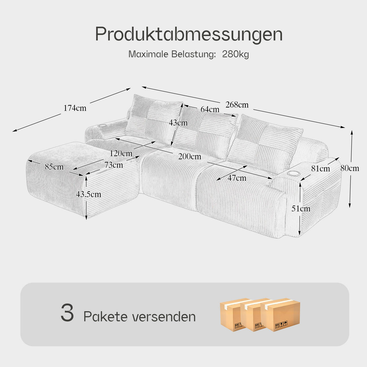 ECKSOFA mit frei kombinierbaren Modulen, Hockern und Getränkehalter sowie Cordbezug und Tasche in Dunkelgrau - Dunkelgrau, Textil (268/174cm) - EVRYAE
