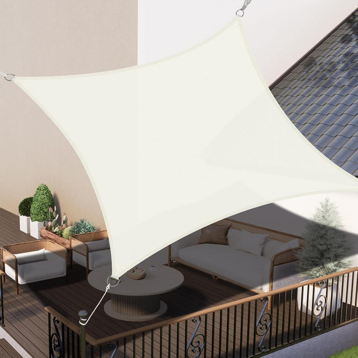 SONNENSEGEL 300 x 300 cm Cremeweiß Wasserdicht UV-Schutz PES Polyester - Creme, Textil (26/34cm)