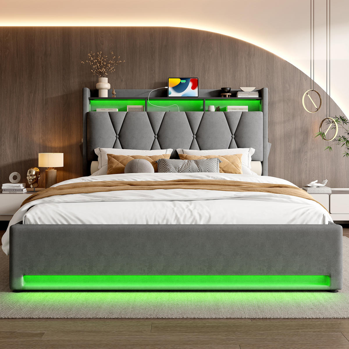 POLSTERBETT mit Stauraum, LED und USB 140x200 cm Samt Dunkelgrau - Dunkelgrau, Metall (140/200cm) - Meubliv