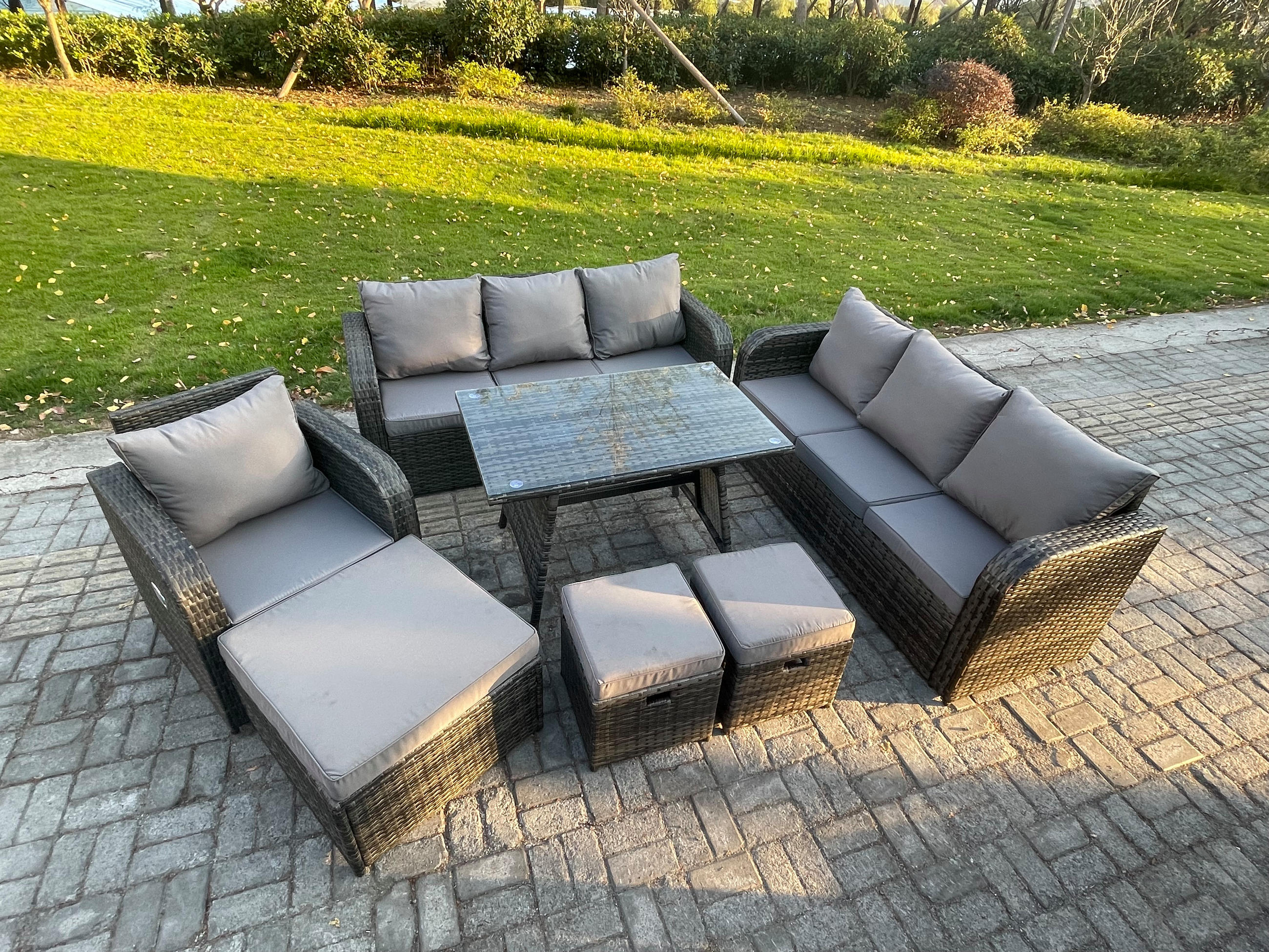 GARTENSET Hohe Rückenlehne Polyrattan 10-Sitzer - Dunkelgrau/Grau, Glas/Kunststoff - Fimous