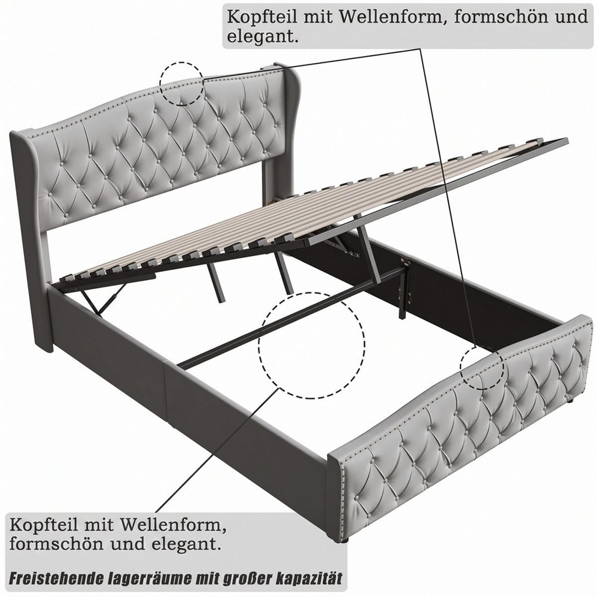 POLSTERBETT 140x200 cm mit hydraulischem Stauraum - Kopfteil und Fußteil im Wellendesign mit Nieten-Dekor - Grau - Grau, Textil (140/200cm) - DELFA