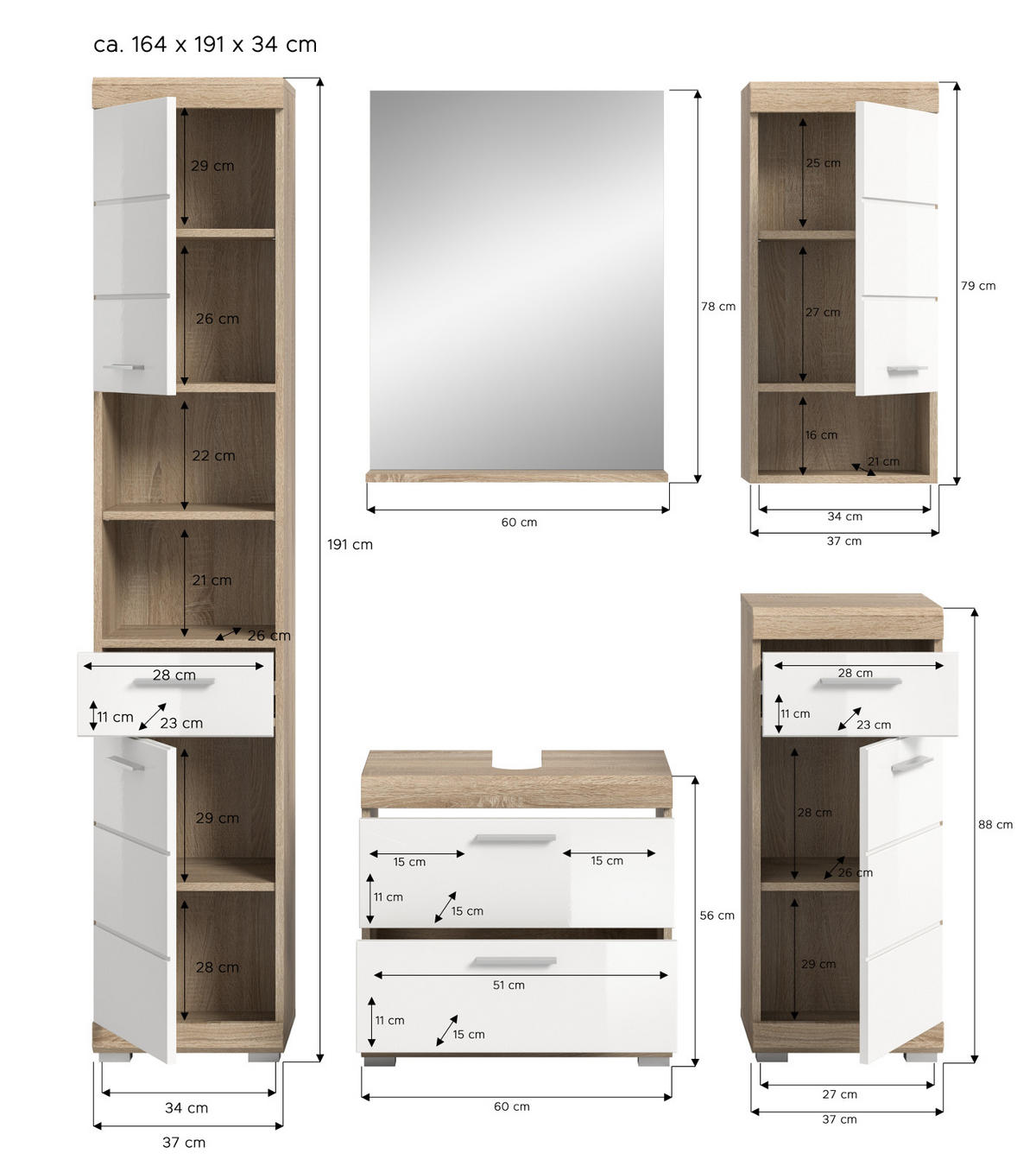 BADMÖBEL-SET weiß Hochglanz, Eiche 5-teilig 164 cm, Komplettset mit viel Stauraum - Weiß Hochglanz/Eichefarben, Holzwerkstoff (164/191/37cm) - Inn.Furn