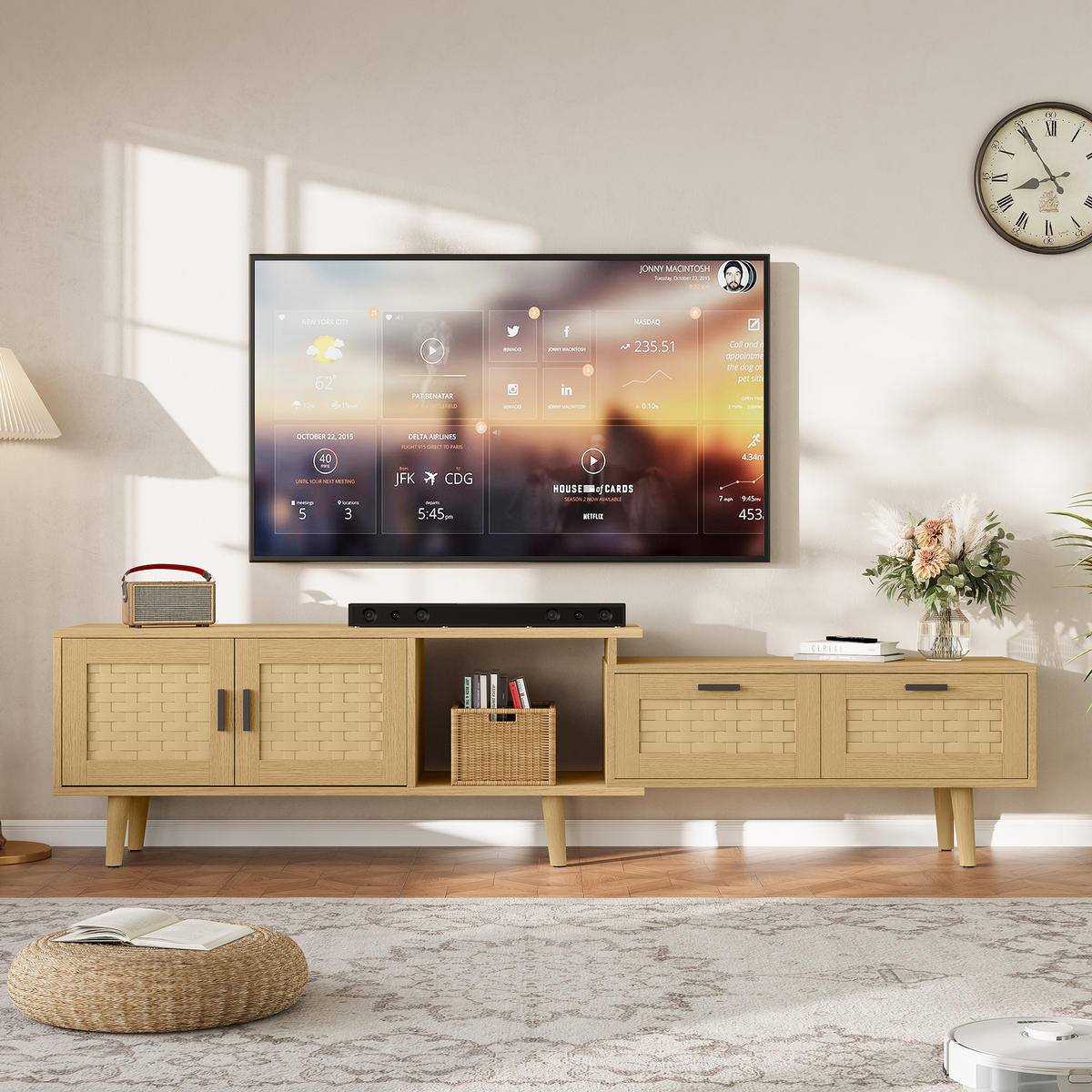 TV LOWBOARD ausziehbar 146–180 cm 2 Türen 2 Schubladen Holz - Naturfarben, Holz (146/44/29.8cm) - Fortuna Lai