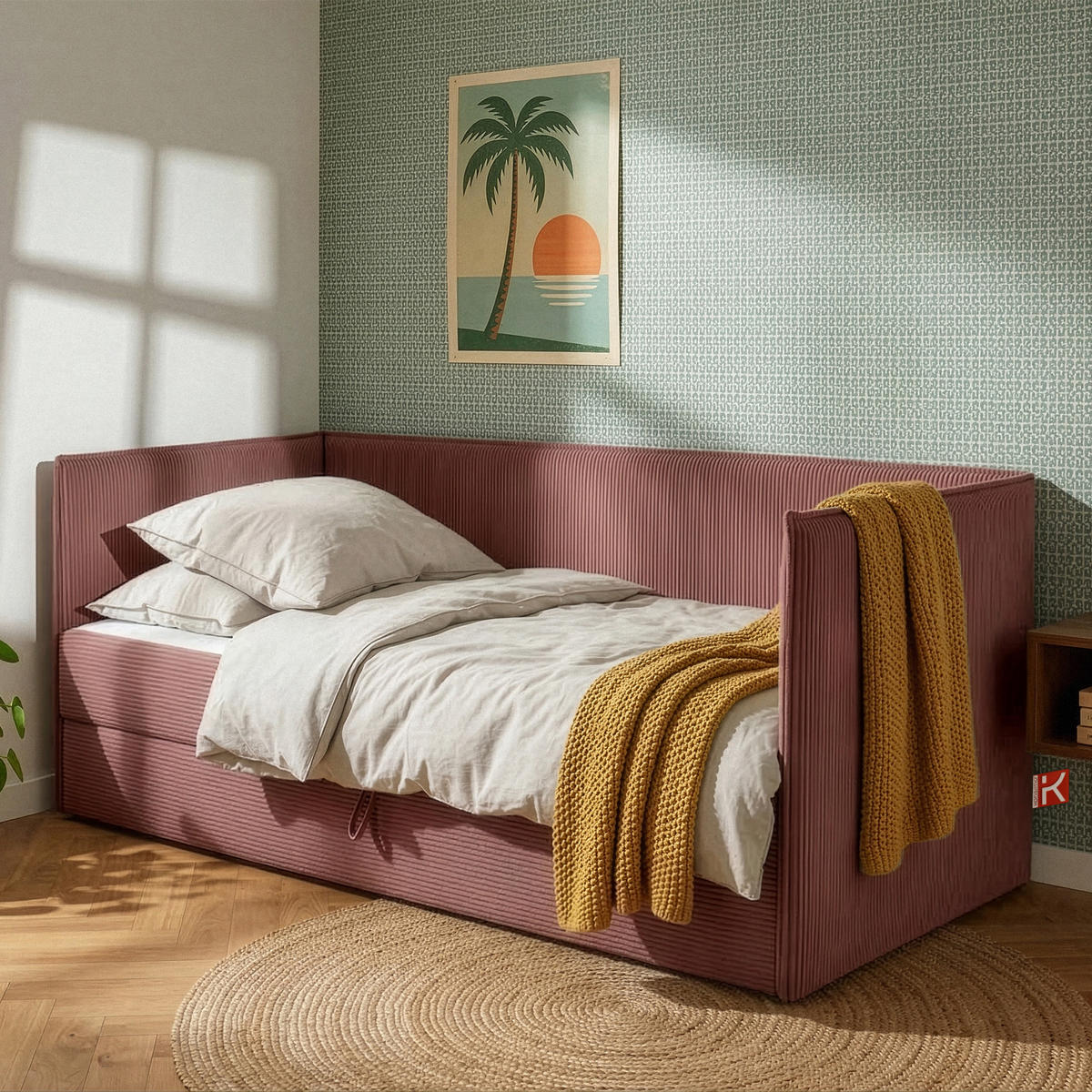 JUGENDBETT ROTI Einzelbett mit Bettkasten, 90x200cm, Bett mit Bonellmatratze, mit Rückenlehne - Pink/Schwarz, Holz/Holzwerkstoff (92/200cm) - KONSIMO®