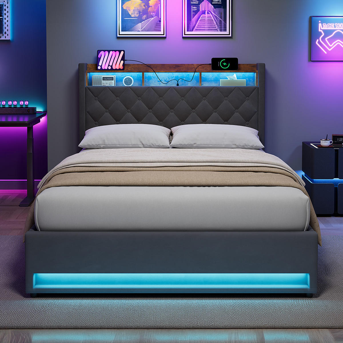 ČALOUNĚNÁ POSTEL 140/190 cm s úložným prostorem a zásuvkou, boxspringová postel s USB a LED osvětlením - šedá, kov/kompozitní dřevo (140/190cm) - STILVORA