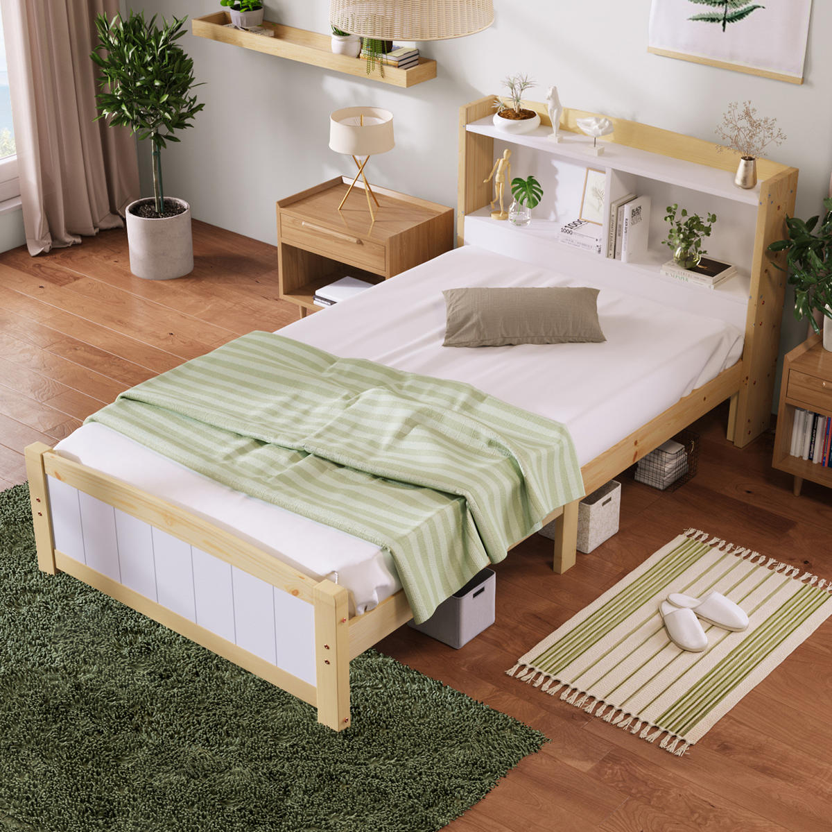 KINDEREINZELBETTEN aus Massivholz 90x200 cm in Weiß mit Stauraum-Kopfteil & Matratze - Weiß, Holz (90/200cm) - Modfu