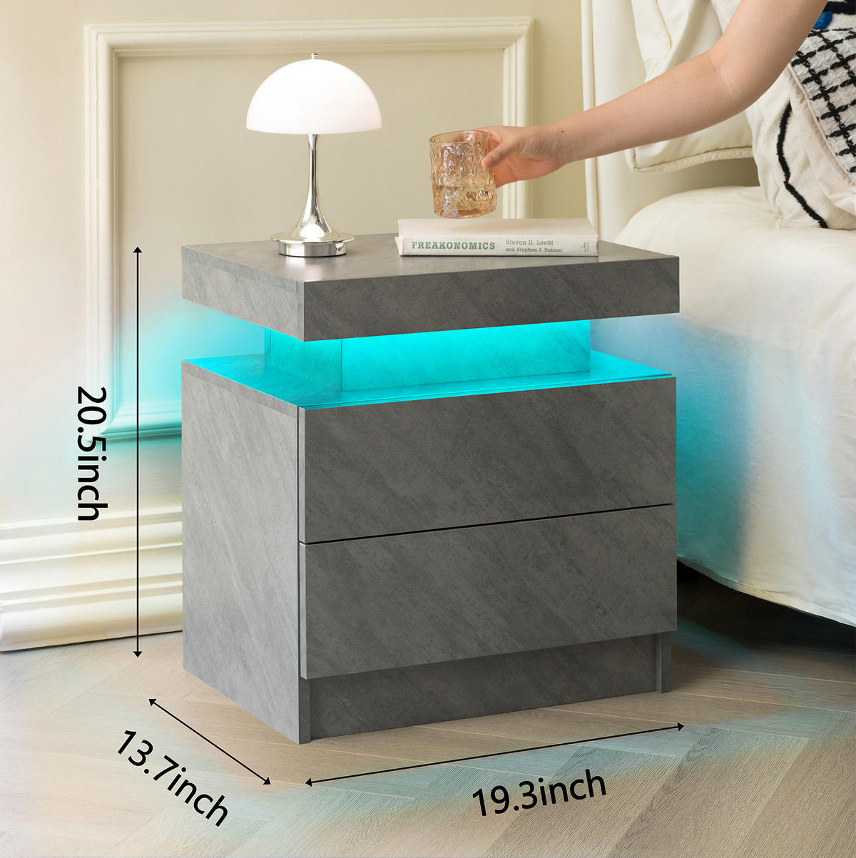 NACHTTISCH 50/53/36 cm mit LED-Beleuchtung in Dunkelgrau – mit 2 Schubladen & offenem Fach - Grau, Holzwerkstoff (53/36/50cm) - BEAOK