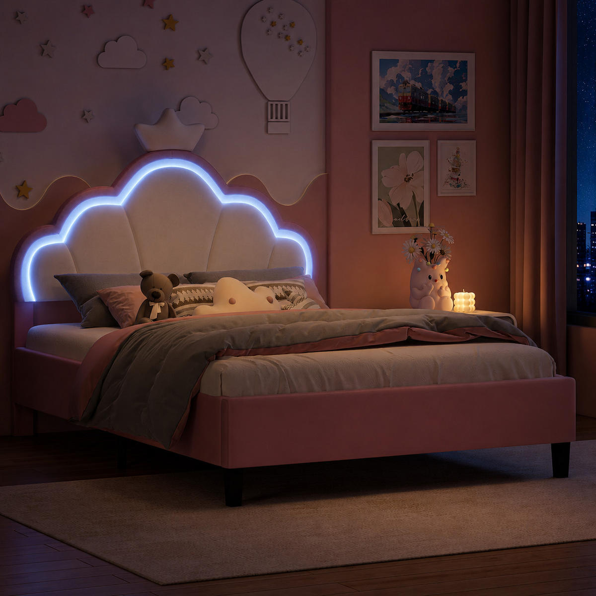KINDERBETT 140/190 cm Rosa,LED-Polsterbett mit Verstellbarem Kronen-Kopfteil,Samt - Rosa, Holz/Textil (140/190cm) - PARAFTA HOME