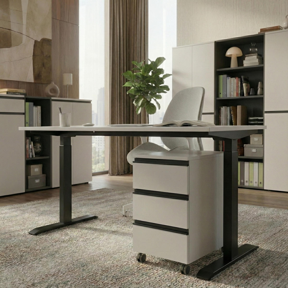 SCHREIBTISCH höheneinstellbar "Stuttgart" 68-91cm Kaschmir/Schwarz 180x80cm, C-Fuß - Beige, Holzwerkstoff/Metall (80/180/91cm) - KADIMA DESIGN