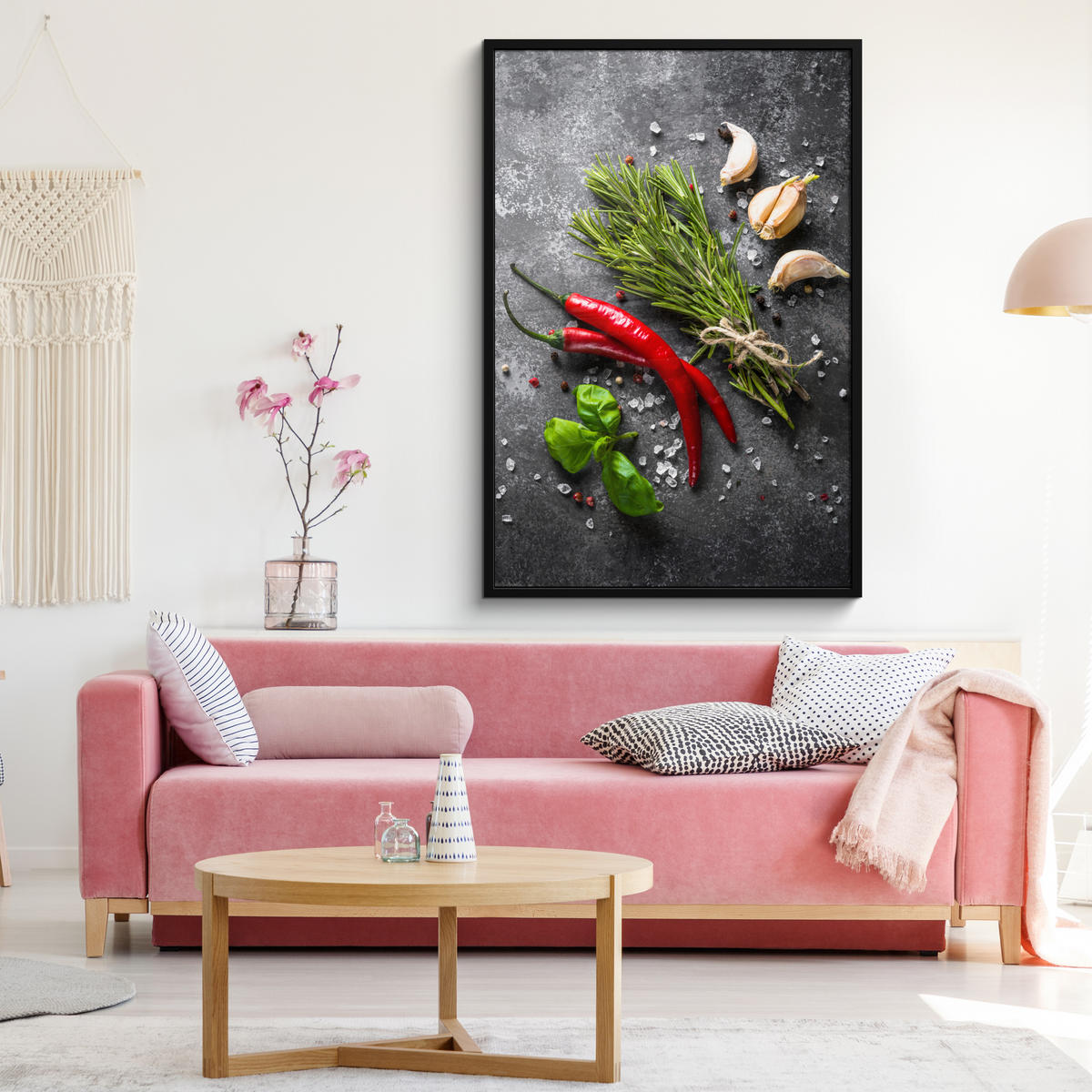 GERAHMTES BILD Pfeffer - Kräuter - Gewürze - Beton 80x120 cm - Dunkelgrau, Papier (80/120cm) - MuchoWow