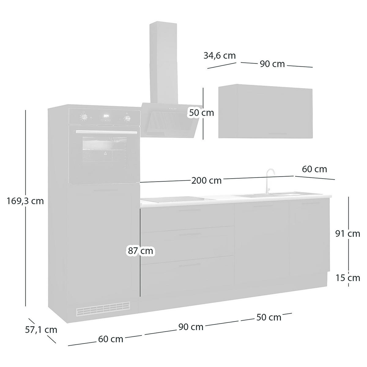 KÜCHENZEILE ohne Elektrogeräten - Matt Schwarz / Marmor Hell Dekor - 260 cm - Schwarz, Holzwerkstoff/Metall (260/195/60cm) - home24
